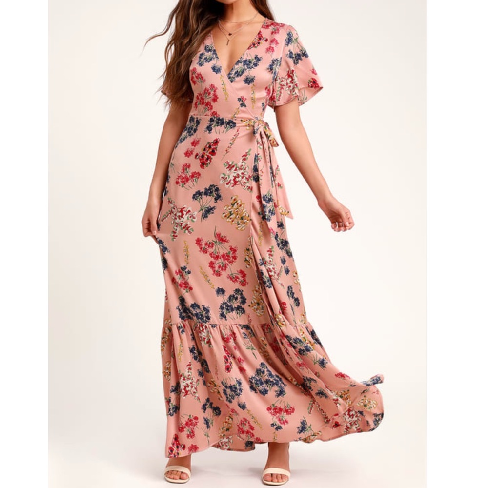 Lulu’s Mauve Floral Print Wrap Maxi Dress
